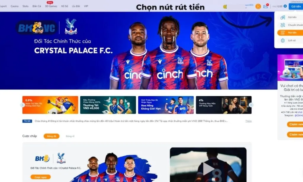 Chọn nút rút tiền về tài khoản