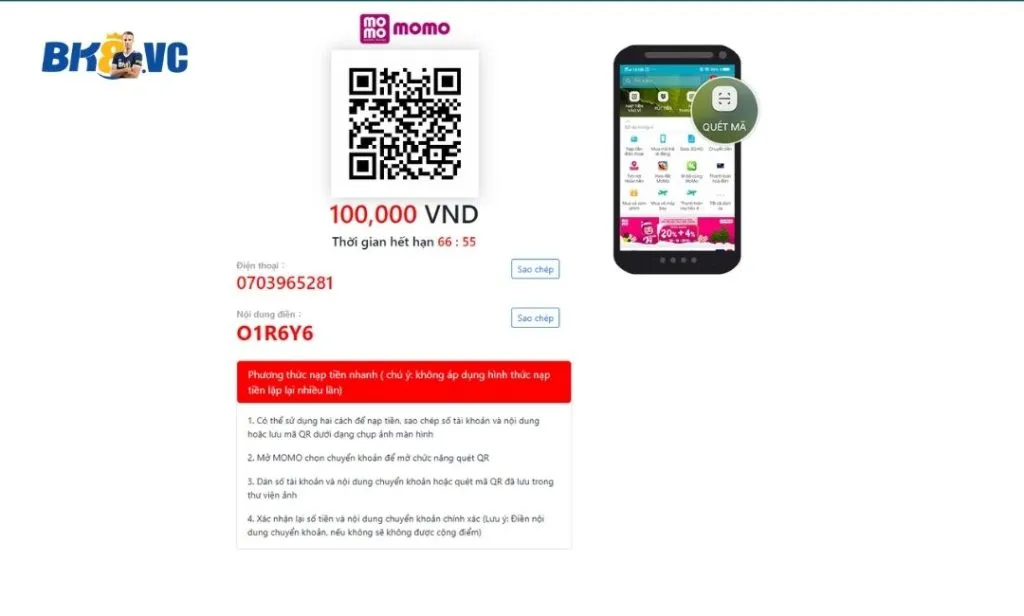Quét mã QR để gửi tiền vào tài khoản chỉ định